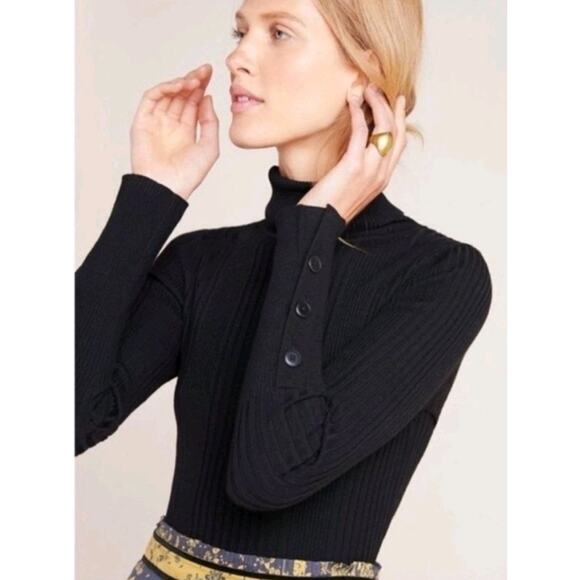 Anthro Moth Black Fitted Ribbed Turtleneck Sweater Top Size XL Academia Goth - Picture 1 of 11